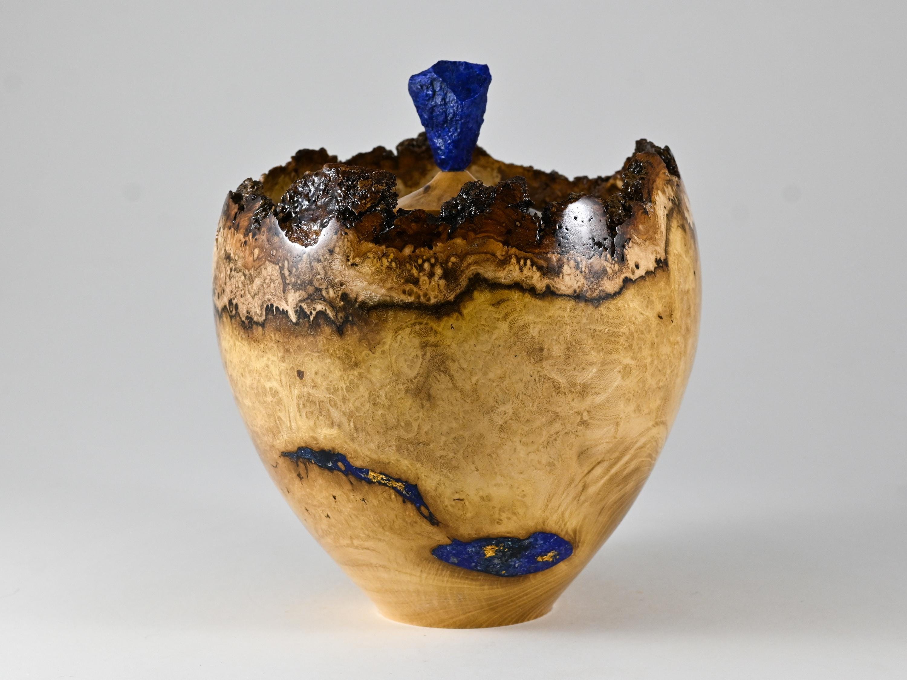 Handmade Black Locust Burl Urn: Lapis Lazuli lid, Blue Minerals & Gold Inlay (125 c.i.)