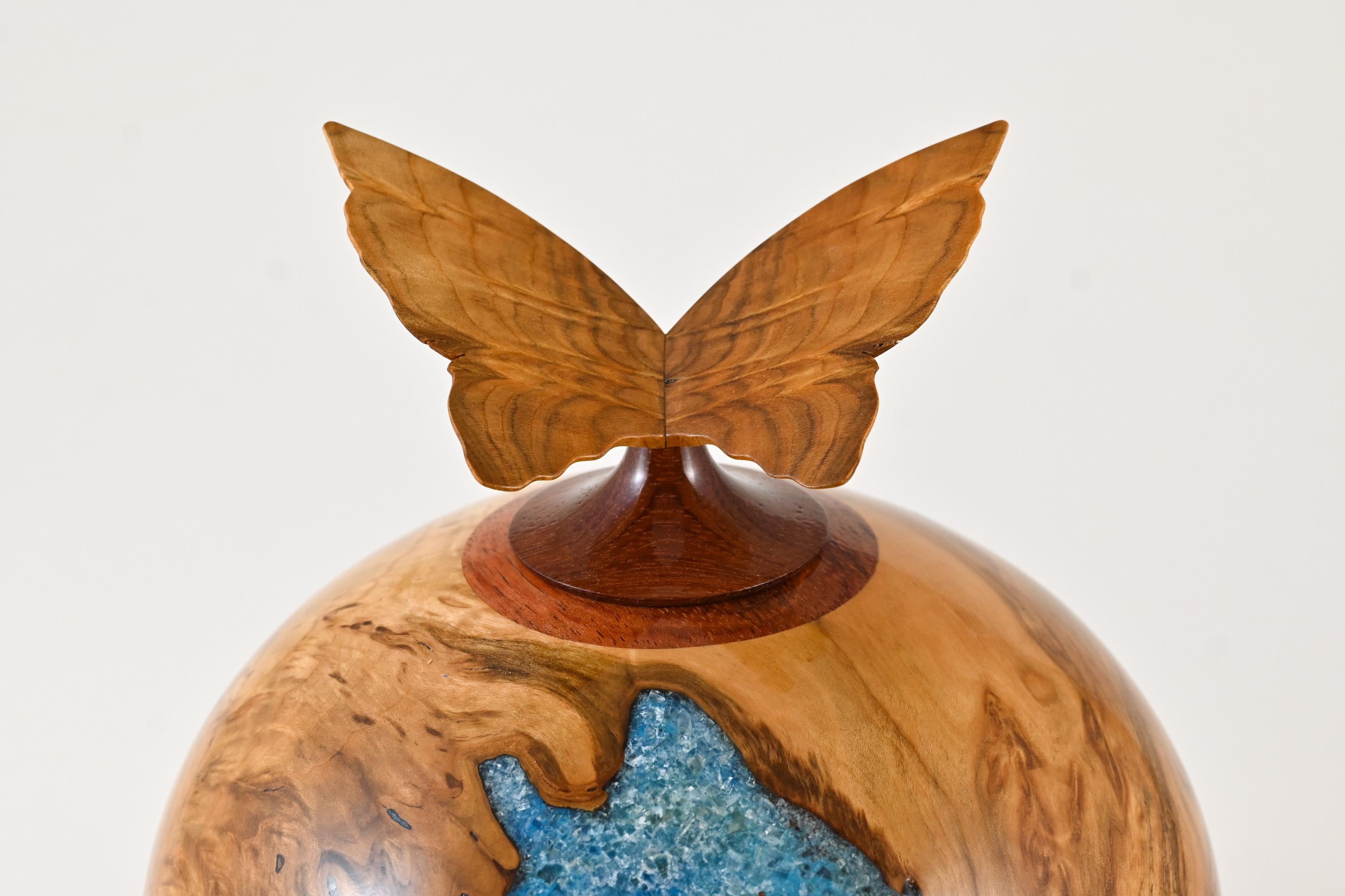 Handmade wooden urn made of Cherry burl with a butterfly (175 c.i.)