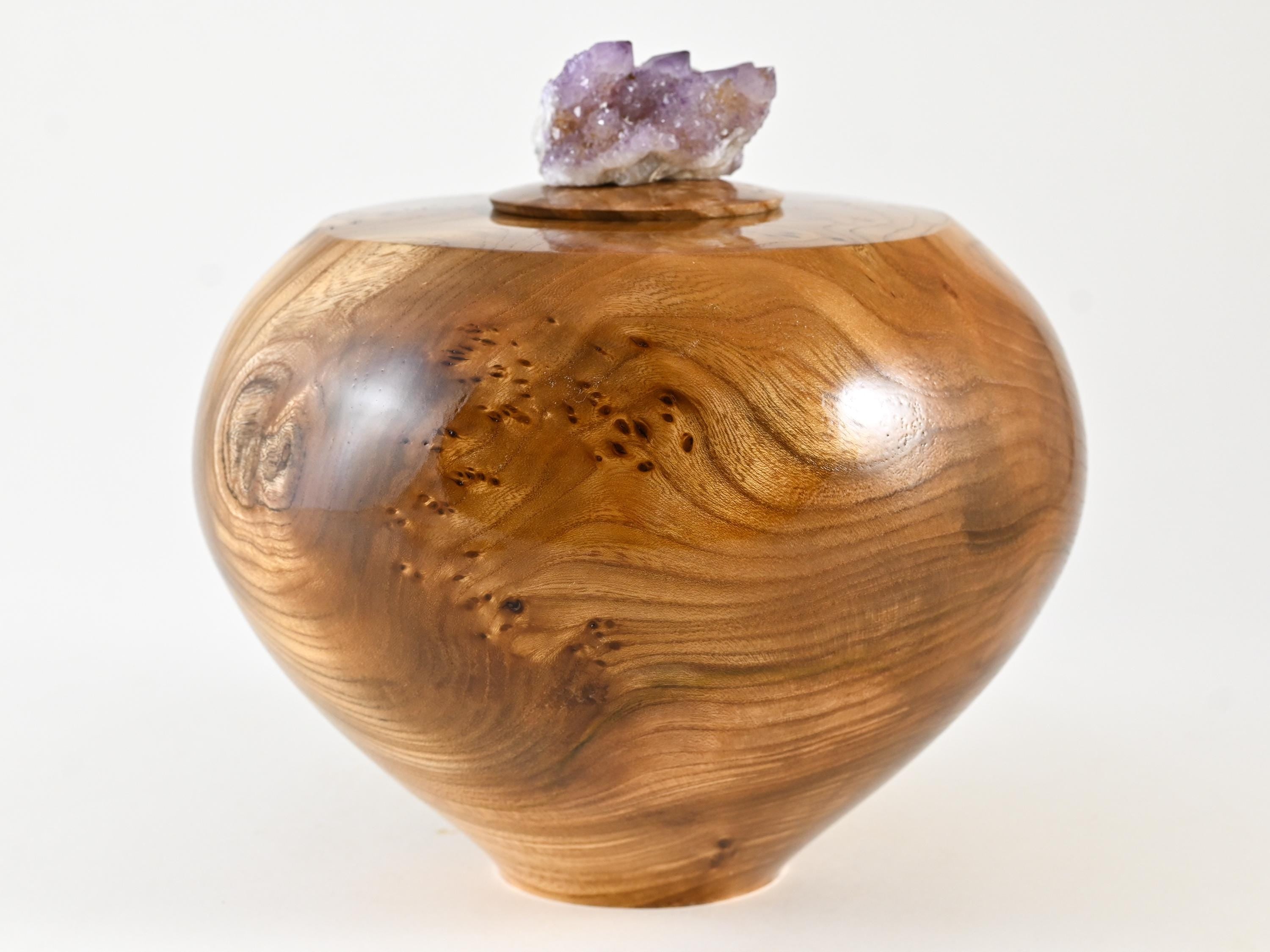 Handmade Dutch Elm Wood Urn with Cactus Amethyst Lid (140 c.i.)